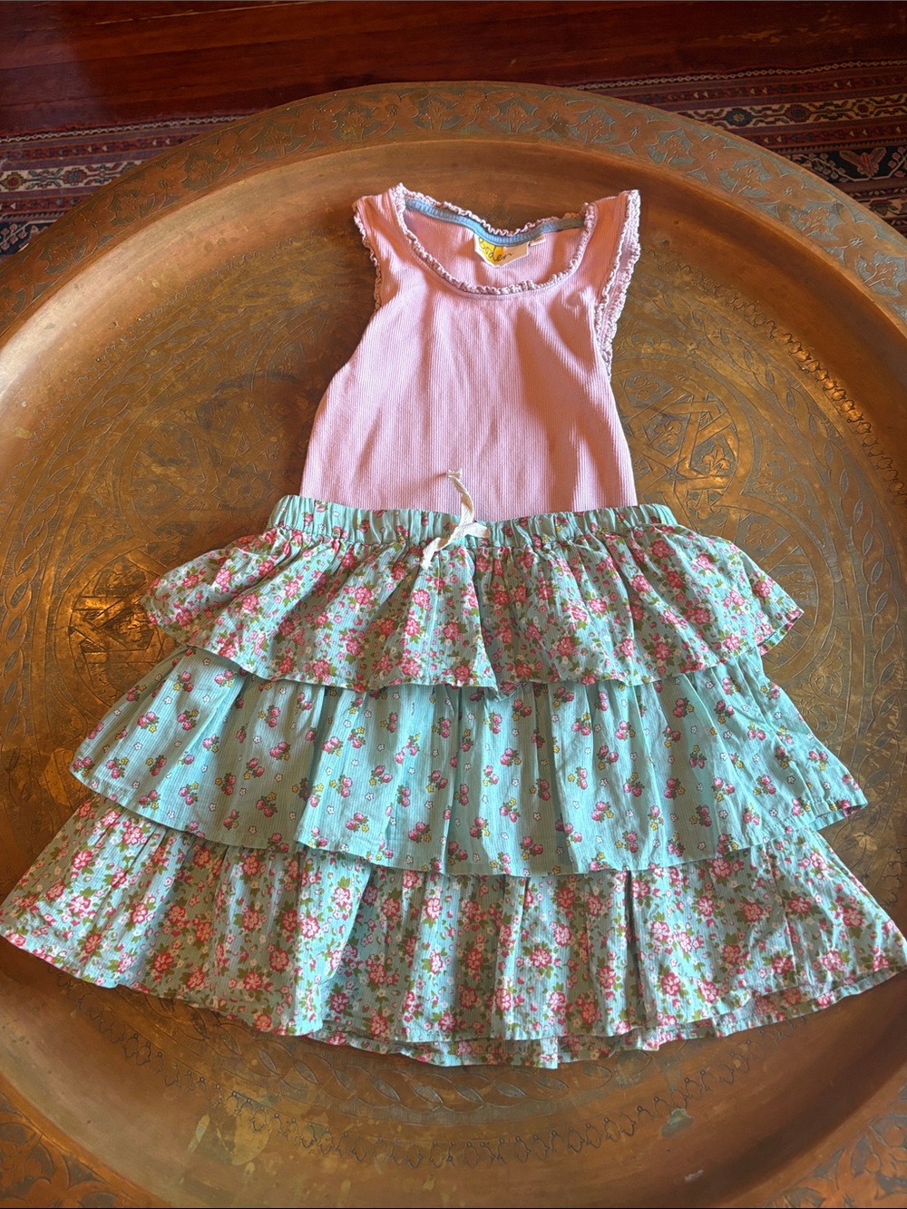 Boden Pink Tank Sweater with Mint Floral Tiered Skirt